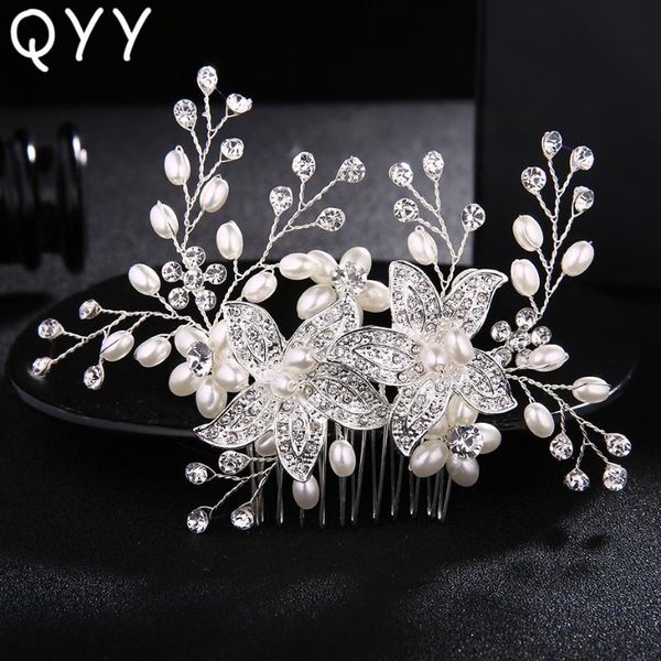 

qyy 2020 fashion flower crystal hair combs clips wedding hair accessories bridal head jewelry ornaments for women, Golden;silver