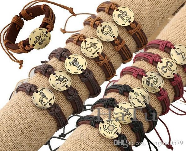 

twelve constellations leather bracelets leather wrap bracelets zodiac leather bracelet for men, Golden;silver