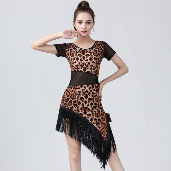 

stage wear latin dance costume female leopard tassel performance mesh splicing dress modern women short sleeve, Black;red