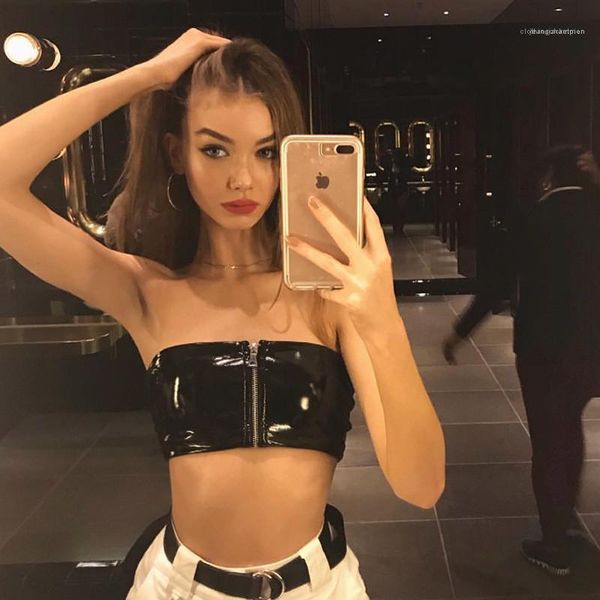 

fashion pu zipper crop hollow out casual women clothing women designer strapless, White