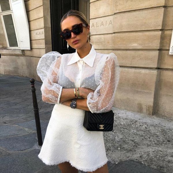 

fashion see through women mesh sheer blouse shirts transparent lace puff sleeve woman summer casual blouses for female, White