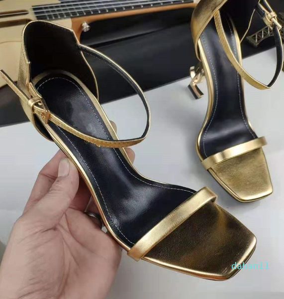Горячие продажи-женщины кожаные сандалии дизайнер-леди тонкий ремешок пряжка золотая тонированная кожаная подошва высокий каблук сандалии
