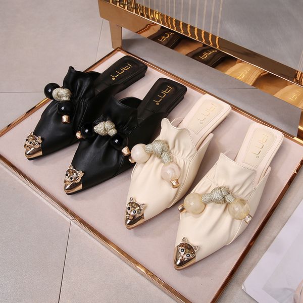 

flat bottom summer slippers women's outer wear flat heel soft bottom comfortable versatile pointed large size 41-43 fat wide, Black