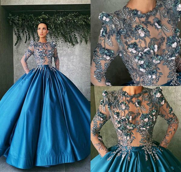 

2021 blue ball gown prom dresses jewel neck lace 3d floral appliques long sleeve evening gowns with pockets dubai arabic dress vestidos, Black