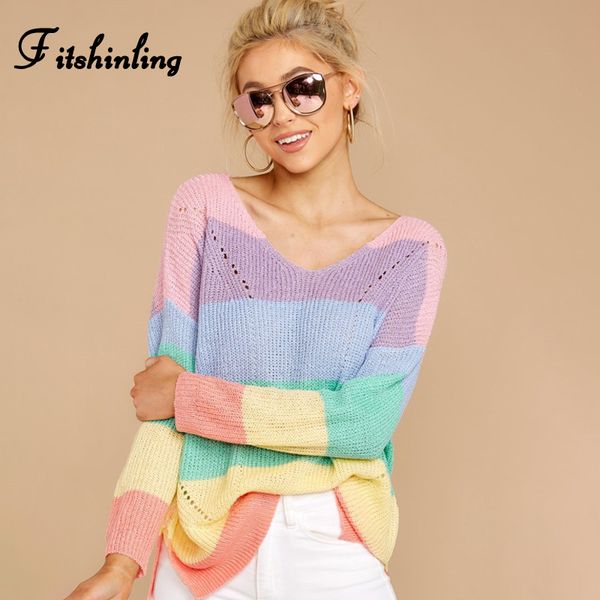 

fitshinling macaron striped korean sweaters for women long sleeve slim cute pullover knitted jumper autumn winter pull femme new, White;black