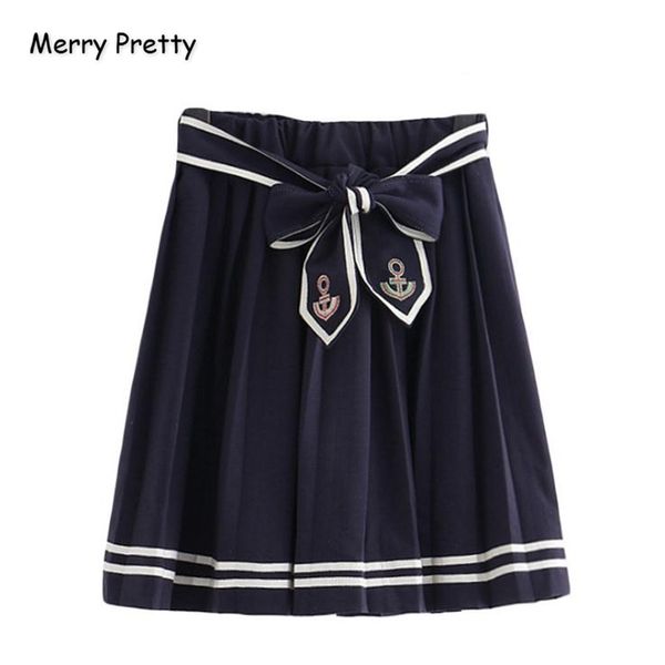 

merry pretty women's cartoon embroidery navy blue pleated skirts 2020 elasticity waist lace up mini skirts sweet girl cute skir, Black