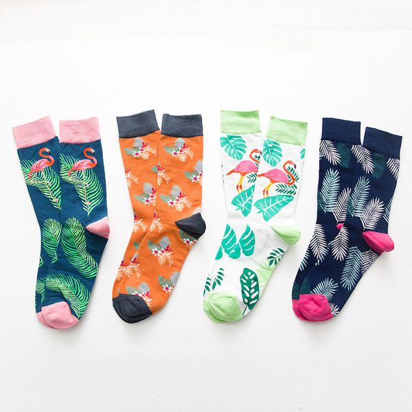 

flamingo leaves cotton crew men women winter socks, Black