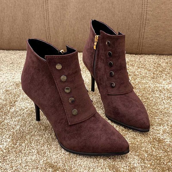 

autumn ladies boots woman ankle boots for women shoes rivet flock pointed toe thin high heels zipper patchwork winter, Black
