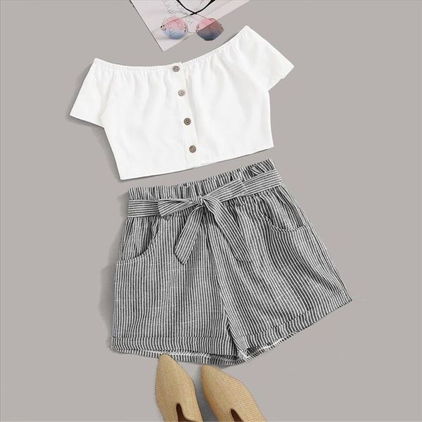 

summer set elegant ladies striped vest bandage shorts two piece outfit suits summer womens beach casual clothing popa mujer, Gray