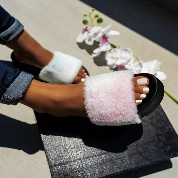 

2020 new style women's plush shoes fur slippers mixed colors outdoor flat sandals fashion plus size 41, Black
