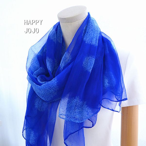 

natural silk diaphanous scarf for women printed royal blue wrap soft light very thin spring summer fashion casual shawl for lady, Blue;gray