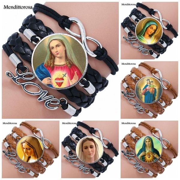 

for women choker brand lover multilayer black/brown leather bracelet bangle glass jewelry virgin mary religious catholic, Golden;silver