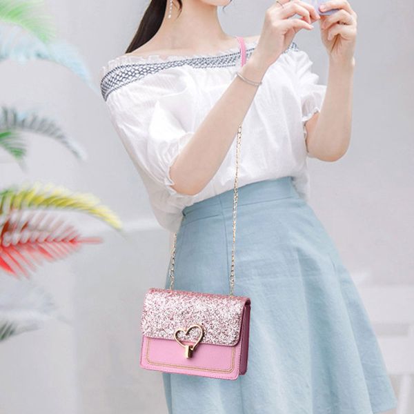 

2020 new arrival women bag crossbody bags for women heart buckle handbag glitter sequins chain shoulder bag pu leather handbags