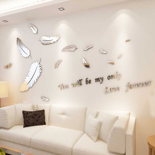

3d acrylic mirror feather wall stickers decal living room tv background bedroom wedding decorative sticker diy wall art mural