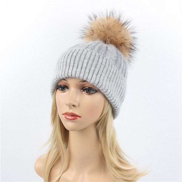 

knitted real fur hat pompom winter hat women beanie for women 2020 soft warm female fur cap, Blue;gray