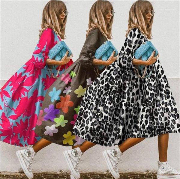 

beach dresses women summer designer dresses fashion leopard o neck loose a line dresses 20ss casual women, Black;gray