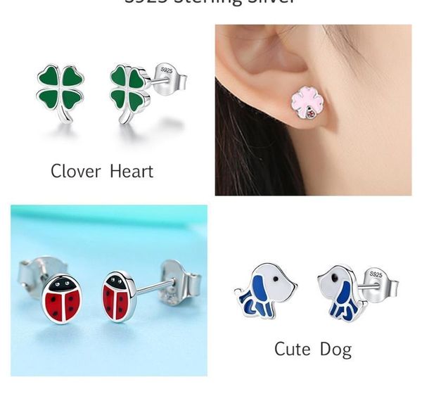 

forewe lovely flower clover heart cat dog animal 925 sterling silver stud earrings enamel crystal earrings for girls002, Golden;silver