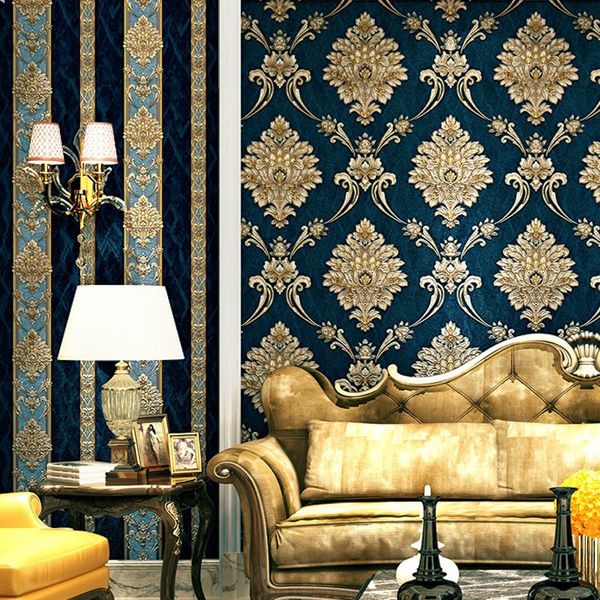Luxuriöse viktorianische Damast-Tapete mit schwerer Textur, dunkelblau, rot, im klassischen europäischen Stil für die Akzentwand Ihres Zuhauses