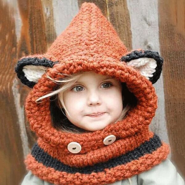 

infant cute foxes ears knitted warm hat soft kids hooded shawl cap winter solid color baby children warming hat girls xmas gifts, Yellow