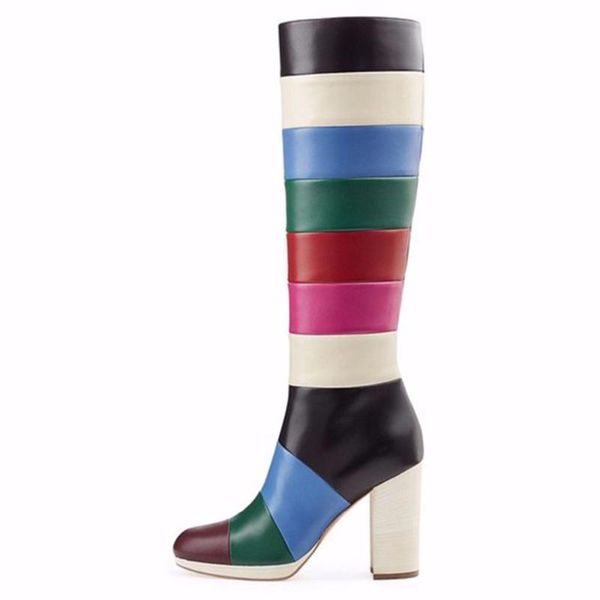 

patchwork multicolor women knee high boots round toe fashion rainbow block heel winter keep warm ladies boots square heel winter, Black