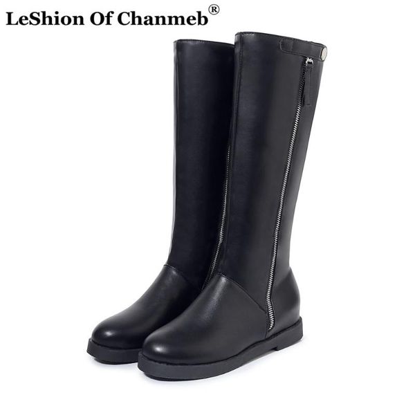 

small size 33 women's pu leather knee high boots ladies low heels round toe zipper long boots winter white shoes 43 buty damskie, Black