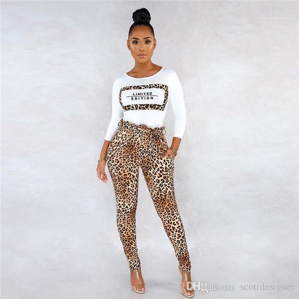 

autumn desinger 2pcs pecil pants style female clothing letter floral print fahion casual apparel leopard print womens, White