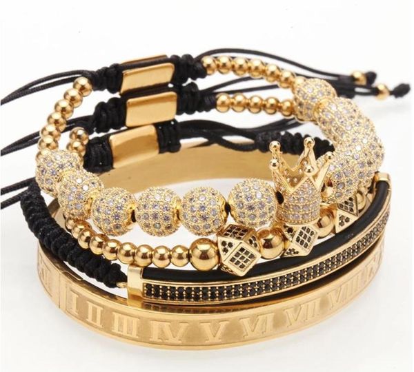 

4pcs/set gold hip hop hand made bead bracelet men copper pave cz zircon crown roman numeral bracelets & bangles3a, Golden;silver