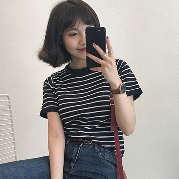 

women's korean style tshirt casual o neck striped short sleeve slim knitted tee shirt summer 2020, White