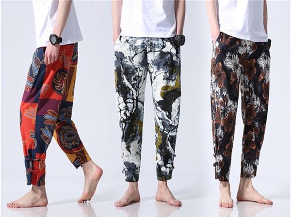 

mens mid талии полная длина брюки мужские дизайнерские цветочные брюки мода карманные лоскутная кулиской шаровары, Black