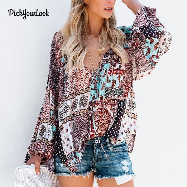 

women neck and blouses long loose pickyourlook lady sleeve v beach fashion d35 blouse blusas boho shirt female bohemian bbyke, White