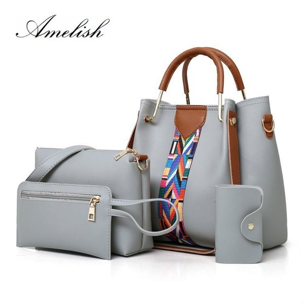 

designer 4pcs set women handbag color strip casual messenger shoulder bags pu leather tote bag wallet