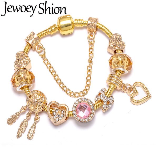 

jewoey shion diy classic gold dreamcatcher & heart beads fit brand charm bracelet for women fashion jewelry gift dropshipping, Golden;silver