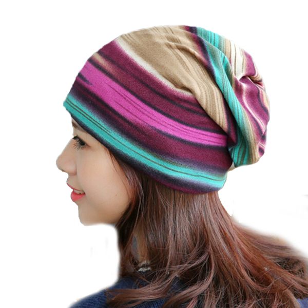 

women striped beanies skullies two used casual scarf hat caps for female cotton caps autumn spring hats bonnet, Blue;gray