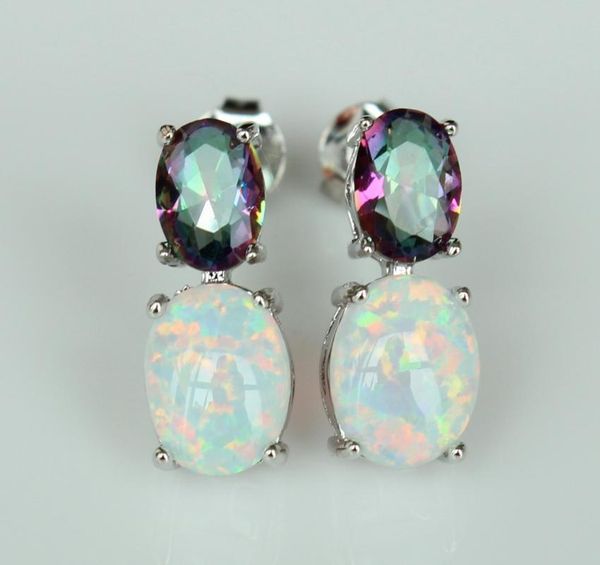 

stud white fire opal earring with rainbow stone for gift, Golden;silver