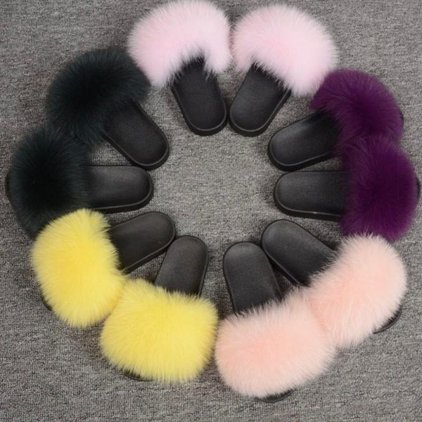 

women summer slippers flat fur slippers nature real fur beach flat slides beach sandals lady plush furry slides, Black