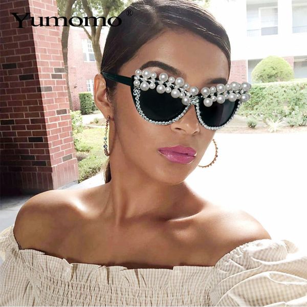 

pearl cat eye women's half sunglasses senior brand designer crystal frame rhinestone glasses oculos azay, White;black