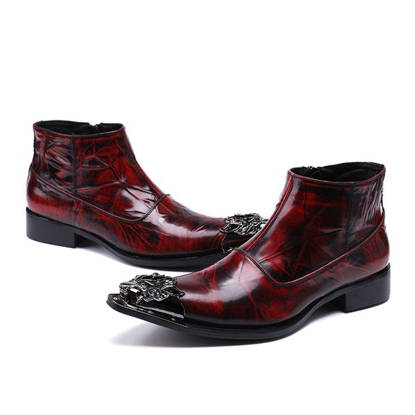 

fashion metal pointed toe shoes men italian genuine leather british boots wedding party footwear business man formal ankle boots, Black