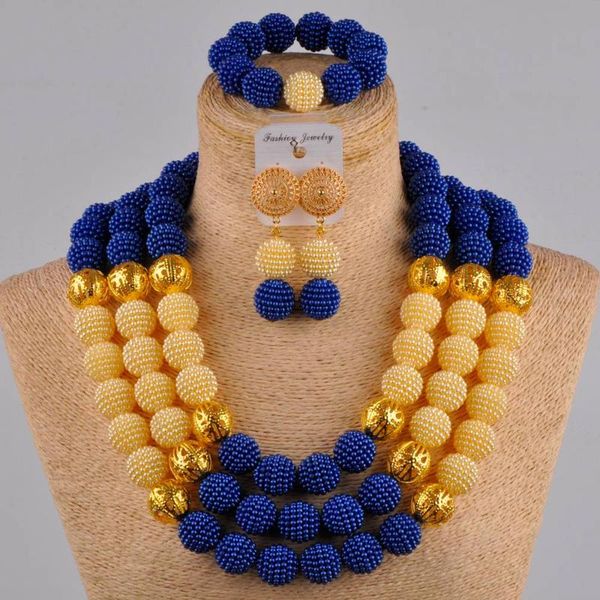 

24 inches royal blue and champagne gold simulated pearl jewelry set nigerian beads african necklace for women fzz43, Silver