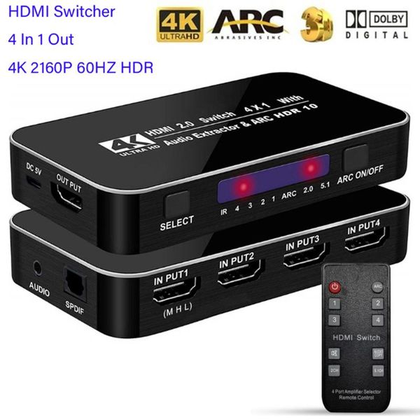 

audio cables & connectors switcher 4k 2160p 60hz hdr 4 in 1 out switch 3.5mm jack arc ir control for ps3 ps4 hdtv projector 2.0 splitter