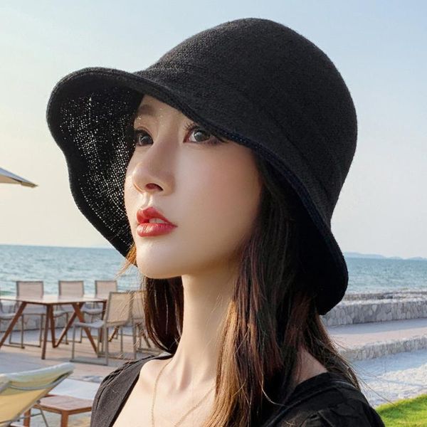 

brand new summer straw hat women fashion travel panama female trend bucket hat lady sunshade breathable sun caps, Blue;gray
