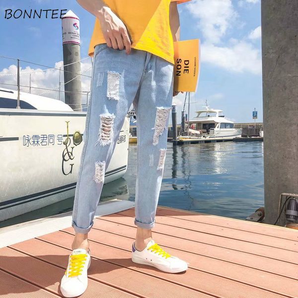 

men jeans summer ankle-length hole ripped denim trousers mens korean-style slim pencil all-match leisure trendy street-wear chic, Blue