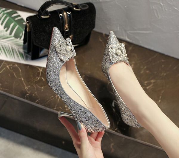 

качество мода женщины toe блестки остроконечные pearls обувь pumps женщина платье на высоких каблуках свадебная обувь zapatos mujer, Black