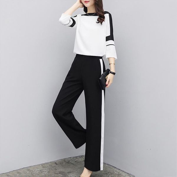 

womens suit elegant office fashion tracksuit long sleeve wide leg pants trousers 2 piece set black white casual suits, Gray