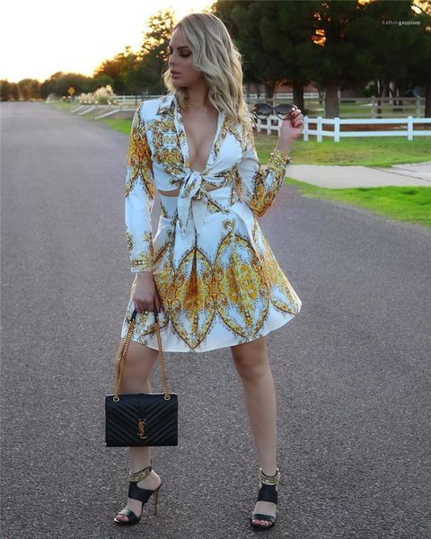 

dresses womens clothing womens designer two piece dress fashion print suits casual long sleeve short, White