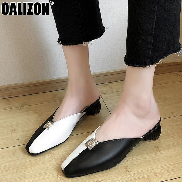 

new metail adorn summer lady women casual square toe low chunky heels loafers feminino mules loafers sandals slippers shoes r263, Black