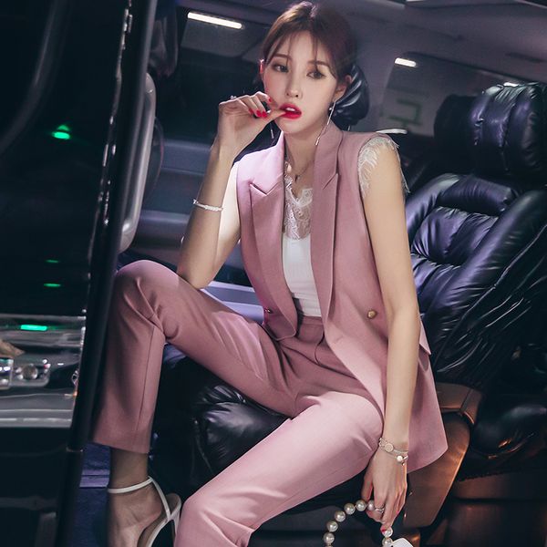 

set female summer dress new pink temperament commuter sleeveless suit vest pants suit women fashion straight pants two-piece, Gray