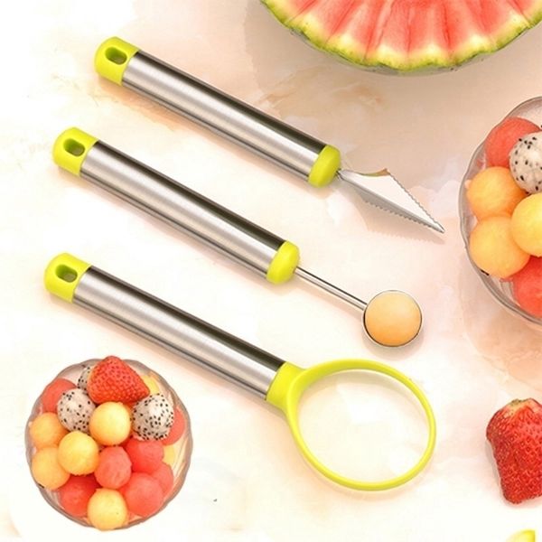 3 pcs criativo frutas cinzelando faca conjunto melancia baller sorvete cavar bola colher baller diy sortido pratos frios ferramenta