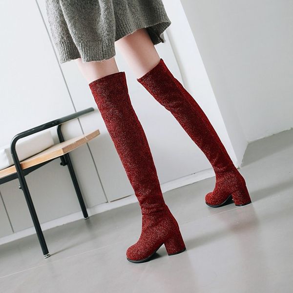 

pxelena 2020 winter slip on slim fit over the knee boots female chunky block high heels thigh high boots women shoes plus size, Black