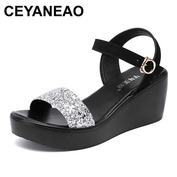 

ceyaneao medium heel sandals women 2020 summer new platform gold wedge sandal, Black