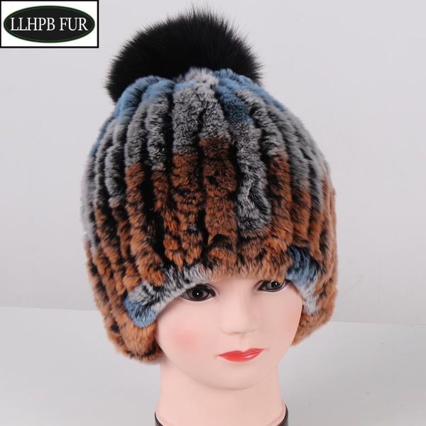 

real fur beanies hats women good elastic 100% natural rex fur cap lady winter warm knit hat with pompoms hats, Blue;gray